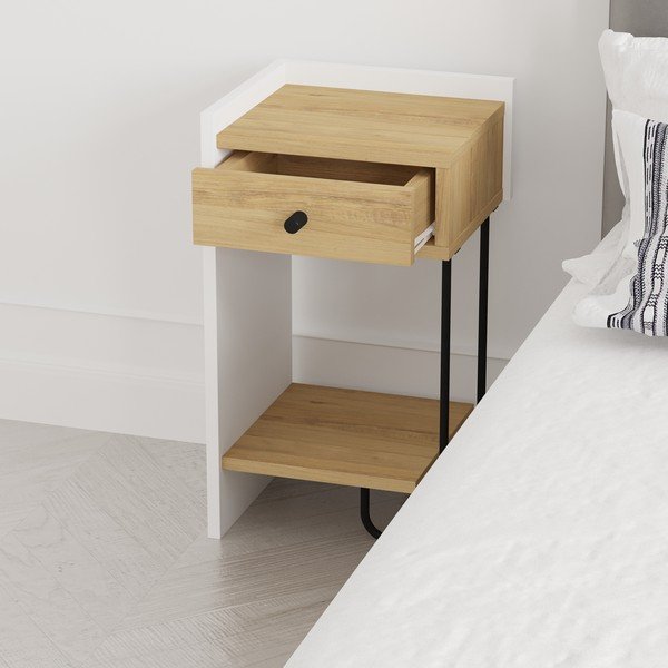 Noptieră albă/în culoare naturală cu rafturi cu aspect de lemn de stejar Mercure – Marckeric-image-1