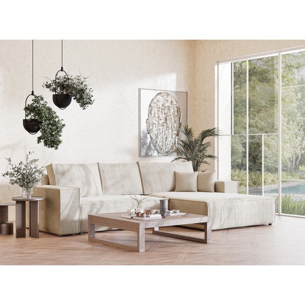 Colțar crem extensibil/cu spațiu de depozitare cu tapițerie din chenille (cu colț pe partea dreaptă/cu șezlong) Maze – Maison de Rêve-image-1