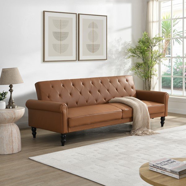 Canapea maro coniac reglabilă/extensibilă cu tapițerie din imitație de piele 222 cm Tyne – Støraa-image-1