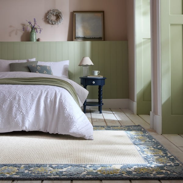 Covor albastru-fildeș țesut manual din amestesc de lână 160x230 cm Myla Floral Frame – Flair Rugs-image-1