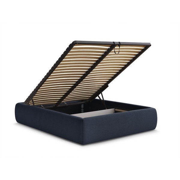 Pat matrimonial albastru închis tapițat cu spațiu de depozitare/fără tăblie cu somieră 160x200 cm Inera – Bobochic Paris-image-3