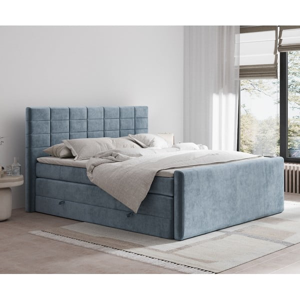 Pat boxspring albastru cu spațiu de depozitare 160x200 cm Ava – Maison de Rêve-image-1