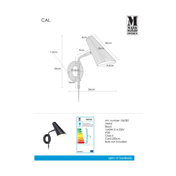 Aplică de perete neagră cu alimentare la priză ø 9,5 cm Cal – Markslöjd-image-2