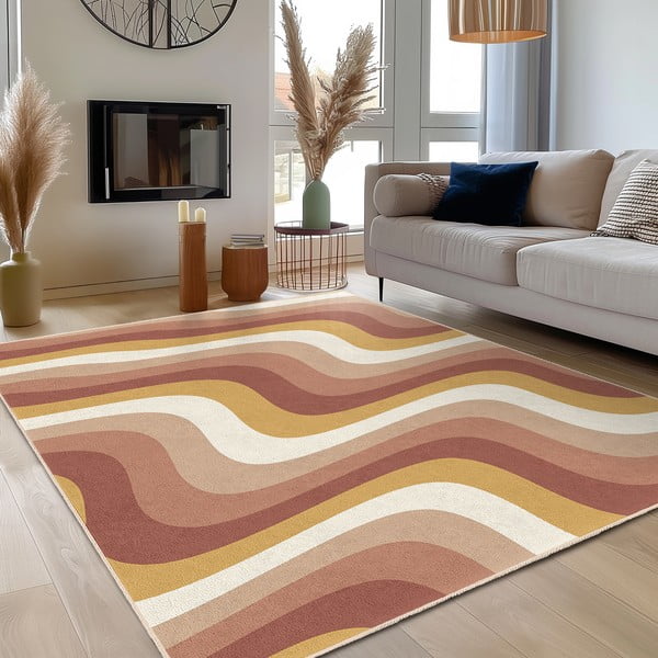 Covor galben ocru-roz prăfuit lavabil 160x230 cm Creamy Strawberry Swirl – Mila Home-image-3