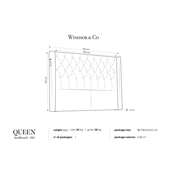 Tăblie pentru pat Windsor & Co Sofas Queen, 176 x 120 cm, gri oțel-image-3