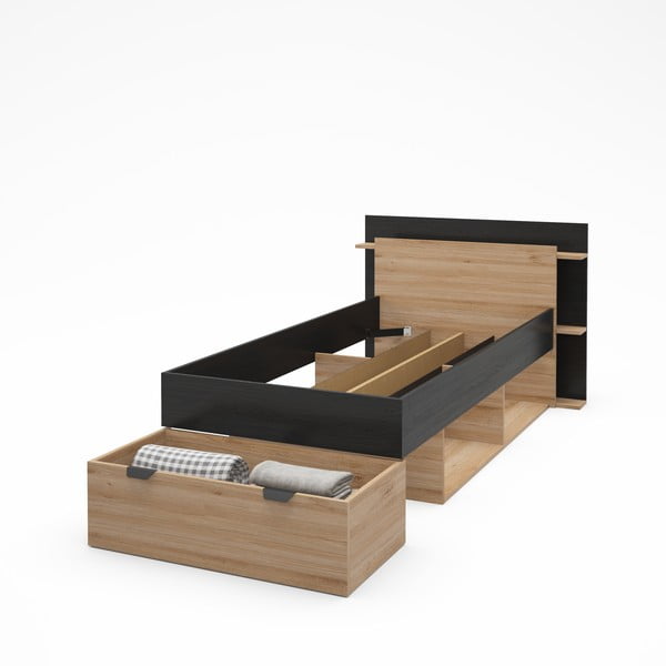 Pat negru/în culoare naturală cu aspect de lemn de stejar cu spațiu de depozitare fără somieră 90x200 cm Albo – Marckeric-image-4