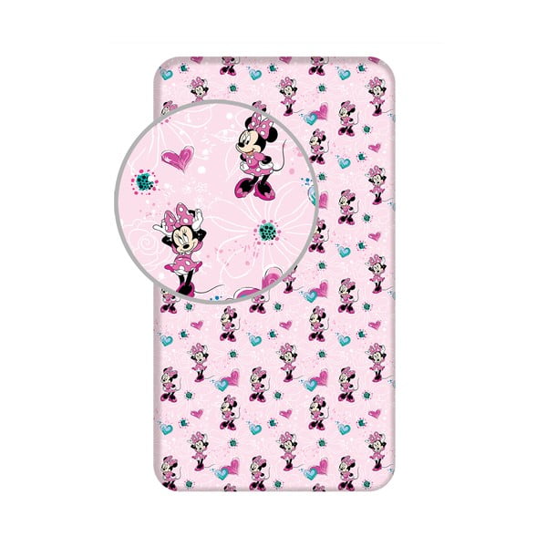 Cearceaf pentru copii roz din bumbac cu elastic 90x200 cm Minnie "Flowers" – Jerry Fabrics