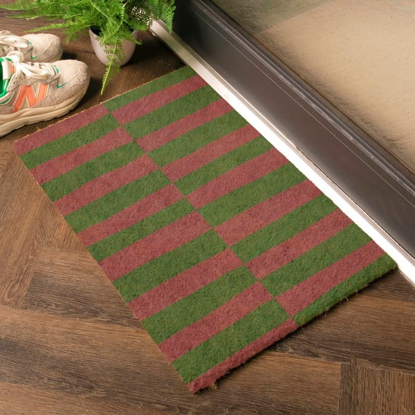 Covoraș de intrare din fibre de nucă de cocos 40x60 cm Pink & Green Half Stripes – Artsy Doormats-image-1