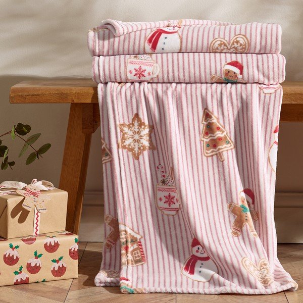 Pătură roșie/în culoare naturală 170x130 cm  cu model de Crăciun Christmas Gingerbread Stripe – Catherine Lansfield-image-2