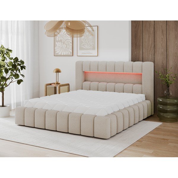 Pat matrimonial bej tapițat cu spațiu de depozitare cu somieră 140x200 cm Lamica – ELTAP-image-2