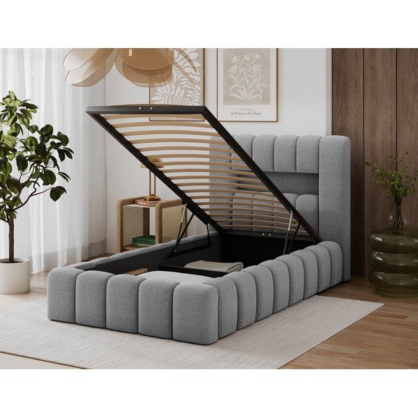 Pat gri tapițat cu spațiu de depozitare cu somieră 90x200 cm Lamica – ELTAP-image-3