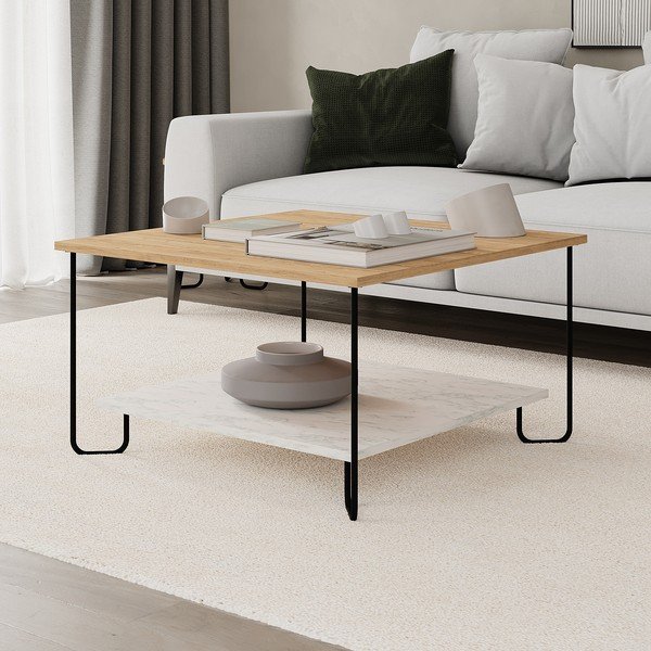 Măsuță de cafea albă/în culoare naturală cu blat cu aspect de lemn de stejar 80x80 cm Tonka – Marckeric-image-3