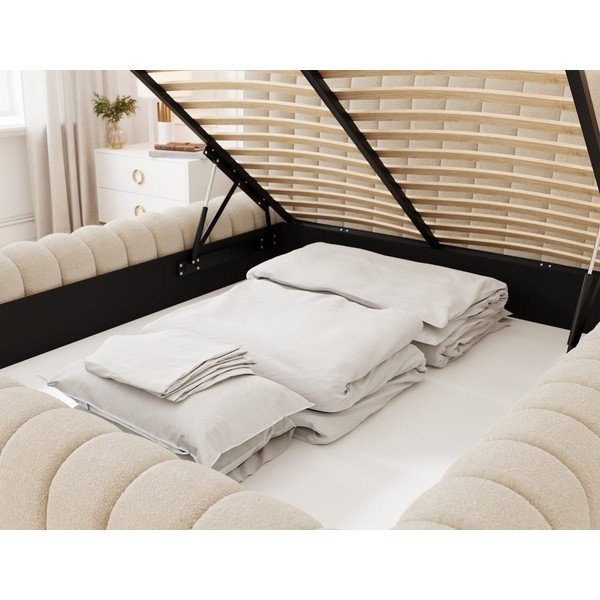 Pat matrimonial bej tapițat cu spațiu de depozitare cu somieră 180x200 cm Carilla – ELTAP-image-4