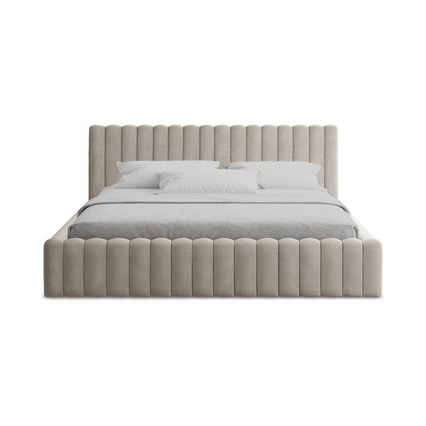 Pat matrimonial taupe tapițat cu spațiu de depozitare cu somieră 160x200 cm Lemi – Makamii-image-4