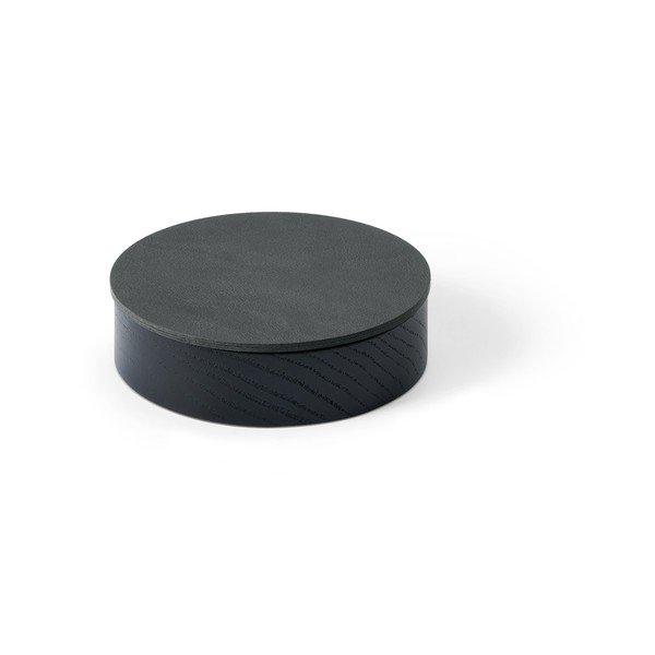 Cutie de depozitare neagră-gri antracit din lemn și din piele ecologică cu capac, decorativă ø 11x3,5 cm Circle Nupo – LIND DNA
