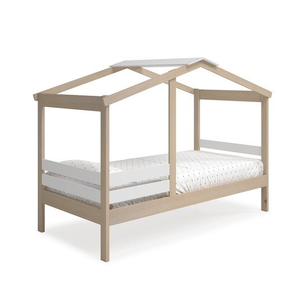 Pat pentru copii  alb/natural de tip casă cu aspect de lemn de pin 90x190 cm Angel – Marckeric-image-3