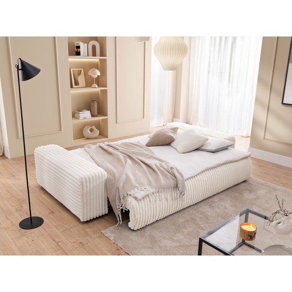 Canapea crem extensibilă/cu spațiu de depozitare cu tapițerie din catifea reiată  260 cm Justin  – Ropez-image-4