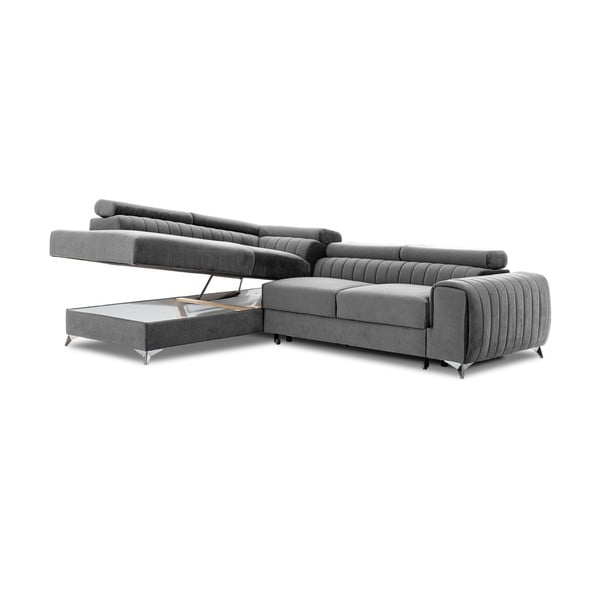 Colțar gri extensibil/cu spațiu de depozitare cu tapițerie din catifea (cu colț pe partea stângă/în formă de ”L”) Laurence – ELTAP-image-2