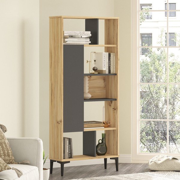Bibliotecă gri/cu aspect de lemn de stejar 72x163 cm Eugene – Kalune Design-image-3