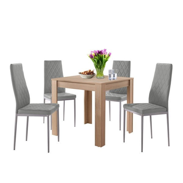 Set masă cu aspect de stejar și 4 scaune gri Støraa Lori and Barak, 80 x 80 cm