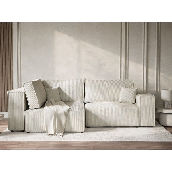 Colțar crem extensibil/cu spațiu de depozitare cu tapițerie din catifea reiată  (cu colț pe partea stângă/în formă de ”L”) Tonga – Maison de Rêve-image-1