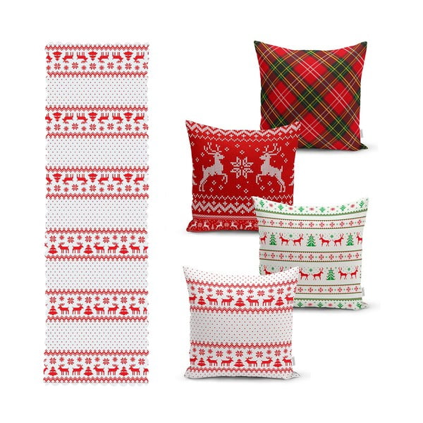 Set 4 fețe de pernă și un napron de masă cu model de Crăciun Minimalist Cushion Covers Nordic Knit