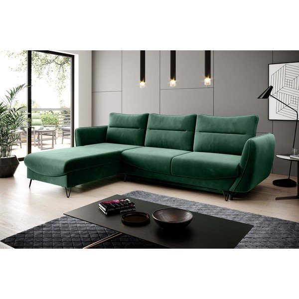 Colțar verde extensibil/cu spațiu de depozitare cu tapițerie din catifea (cu colț pe partea stângă/cu șezlong) Silva – ELTAP-image-1