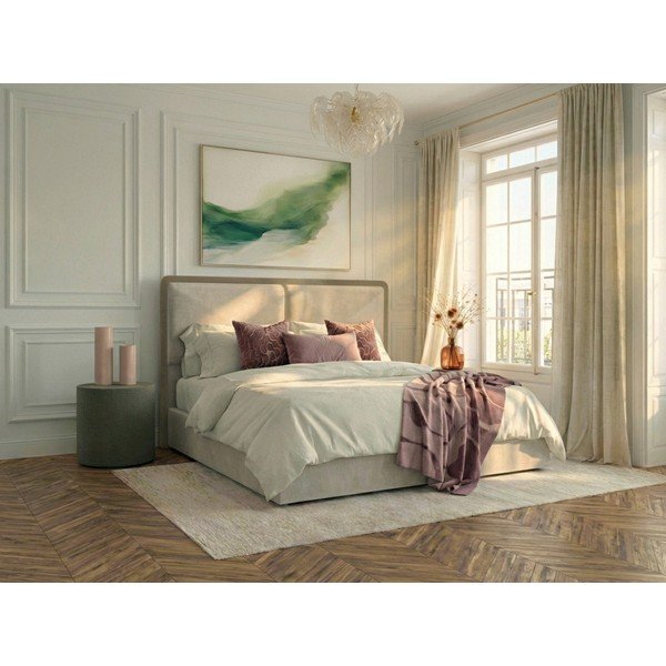 Pat matrimonial bej/taupe tapițat cu spațiu de depozitare cu somieră 180x200 cm Mara – Bobochic Paris-image-1