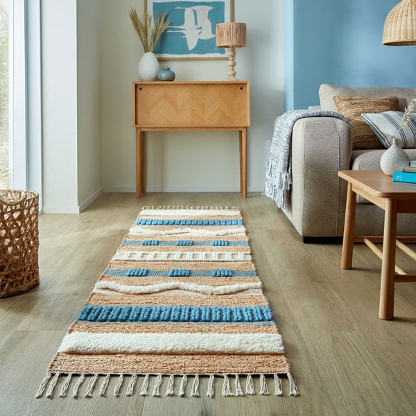 Covor tip traversă albastru/în culoare naturală țesut manual din amestec de iută 60x230 cm Medina Jute – Flair Rugs-image-1