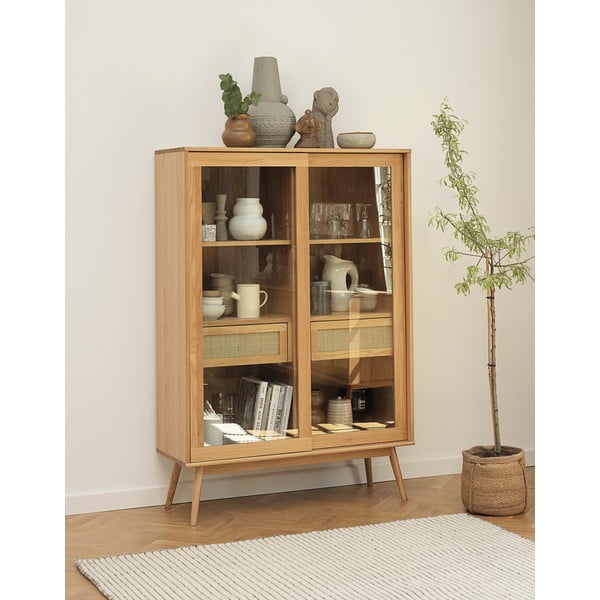 Vitrină în culoare naturală cu aspect de lemn de stejar cu ușă glisantă 110x160 cm Barrali – Unique Furniture-image-3
