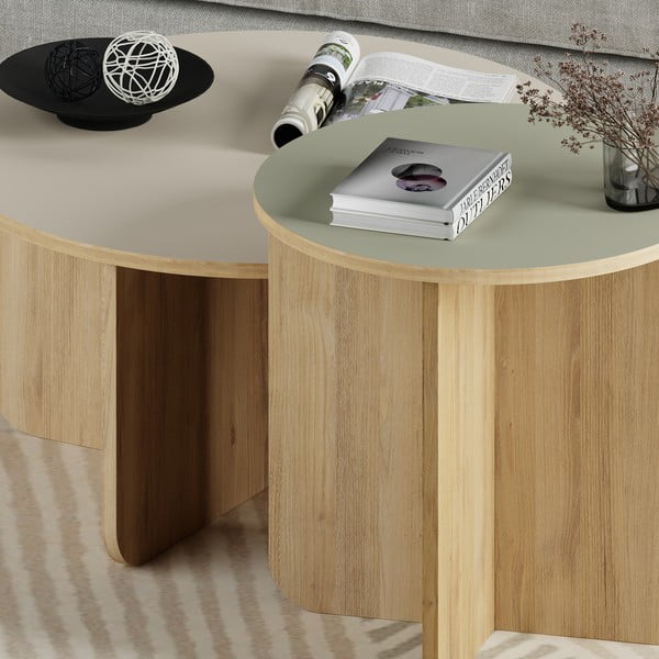 Măsuțe de cafea crem/în culoare naturală 2 buc. rotunde cu aspect de lemn de stejar ø 70 cm Hillary – Marckeric-image-3