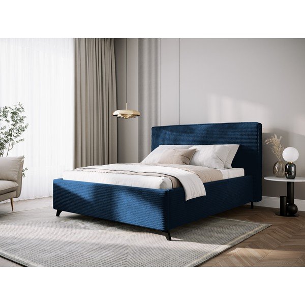 Pat matrimonial albastru închis tapițat cu spațiu de depozitare și somieră  160x200 cm Malou – Milo Casa-image-1