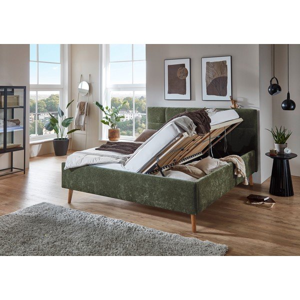 Pat matrimonial kaki tapițat cu spațiu de depozitare cu somieră 180x200 cm Nova – Meise Möbel-image-1
