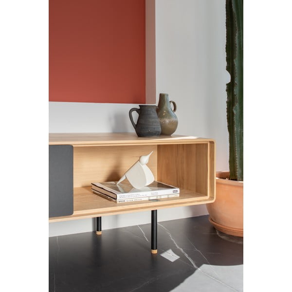 Masă TV neagră/în culoare naturală din lemn masiv de stejar 200x48 cm Fina – Gazzda-image-4