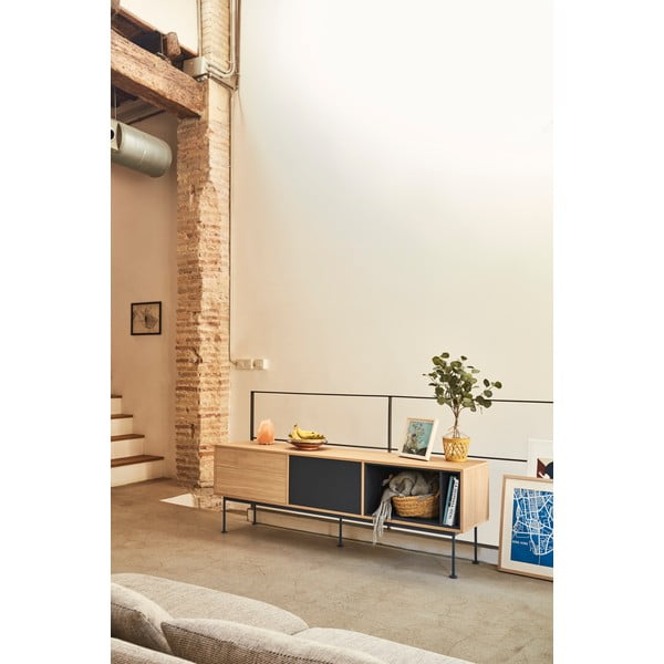 Comodă TV cu aspect de lemn de stejar Teulat Yoko, gri antracit-image-1