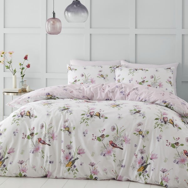 Lenjerie de pat albă/roz pentru pat de o persoană 135x200 cm Songbird – Catherine Lansfield
