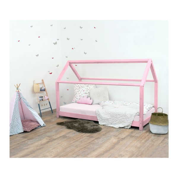 Pat pentru copii, din lemn de molid fără bariere de protecție laterale Benlemi Tery, 120 x 160 cm, roz