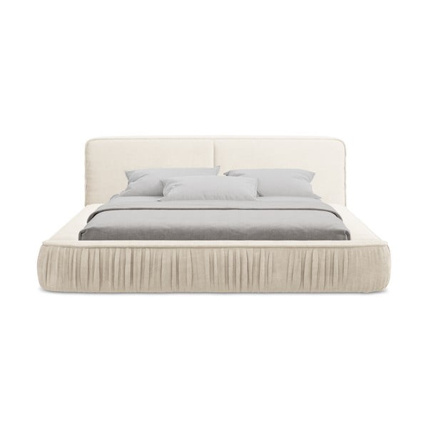 Pat dublu tapițat crem cu spațiu de depozitare cu grilă 180x200 cm Keoni - Makamii-image-4