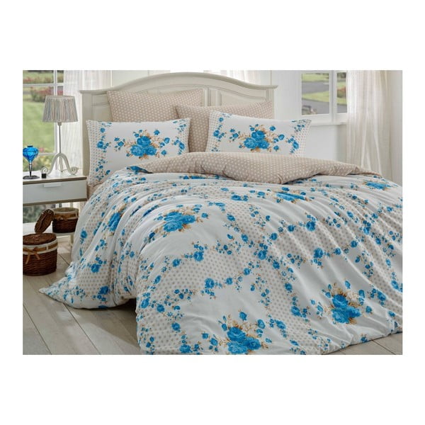 Lenjerie de pat cu cearșaf din bumbac Gloria, 160 x 220 cm, alb - albastru