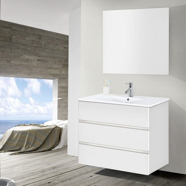 Dulăpior baie cu lavoar și oglindă Nayade, nuanță de alb, 90 cm