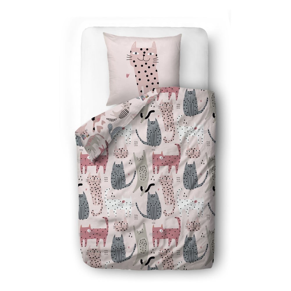 Lenjerie de pat pentru copii roz din bumbac satinat pentru pătuț 100x130 cm Meow Meow – Butter Kings