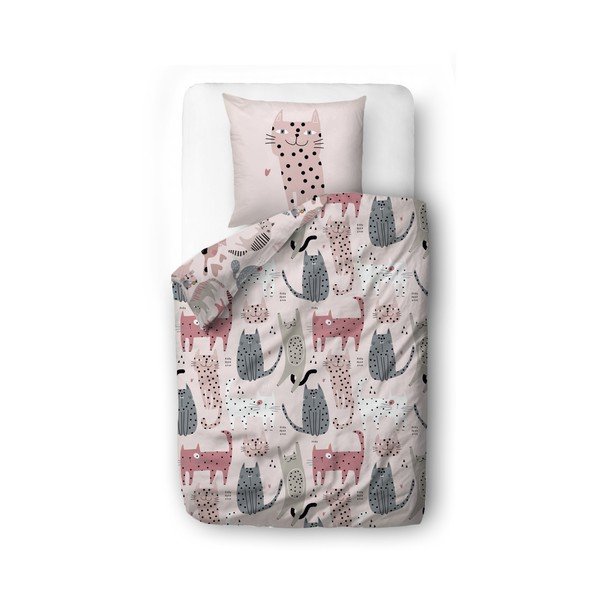 Lenjerie de pat pentru copii roz din bumbac satinat pentru pat de o persoană 140x200 cm Meow Meow – Butter Kings