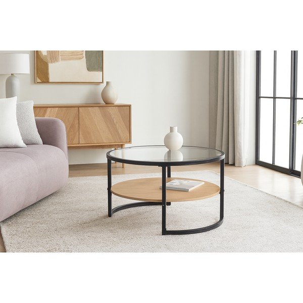 Măsuță de cafea neagră/în culoare naturală rotundă cu aspect de lemn de stejar ø 68 cm Zanu – Bonami Essentials-image-4