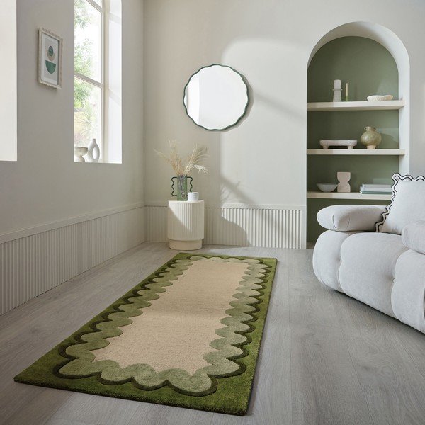 Covor tip traversă verde/în culoare naturală țesut manual din lână 80x230 cm Wiggle Wool – Flair Rugs-image-1