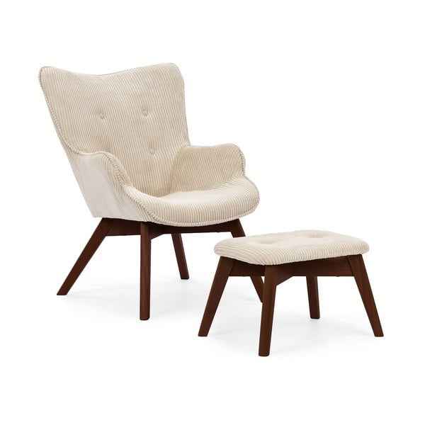 Fotoliu cu taburet bej cu tapițerie din catifea reiată Niko – Ropez