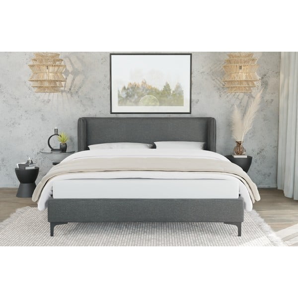 Pat matrimonial gri închis tapițat cu somieră 140x200 cm Basti – Ropez-image-2