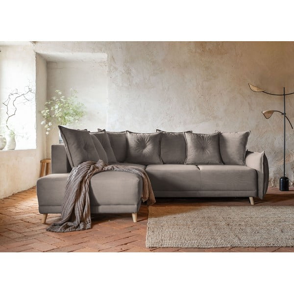 Colțar maro deschis extensibil cu tapițerie din catifea reiată  (colț stânga) Lazy Lukka – Miuform-image-1