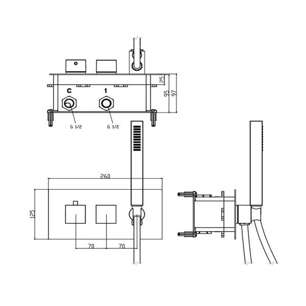 Baterie argintiu-lucios pentru duș încastrată (2 ieșiri) Latus – Sapho-image-4