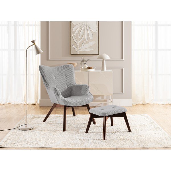 Fotoliu cu taburet gri cu tapițerie din catifea reiată Niko – Ropez-image-1