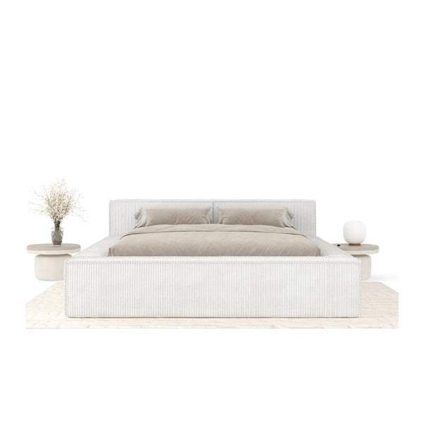 Pat matrimonial crem tapițat cu spațiu de depozitare cu somieră 160x200 cm Voliera – Maison de Rêve-image-3